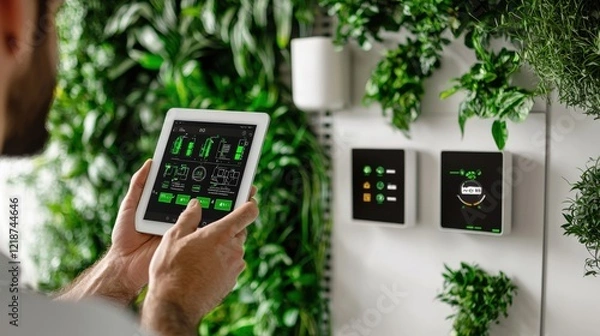 Fototapeta Person Using Tablet to Control Smart Home Technologies in Green Indoor Garden Setting with Plant Decor
