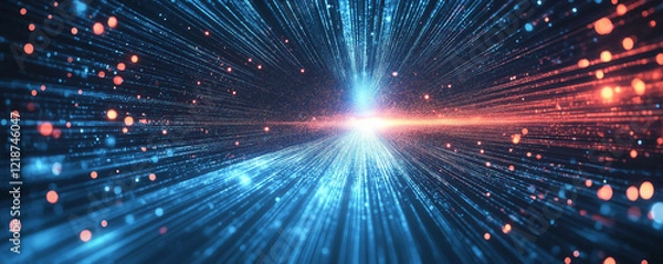 Fototapeta Blue background with a light speed effect and geometric shapes for a technology vector presentation design concept.