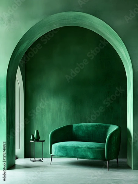 Obraz Green luxury soft comfortable sofa on a green plain background. Neural network AI generated art