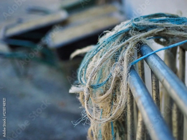Fototapeta Close-Up of Frayed Rope Strands on Metal Fence Outdoors