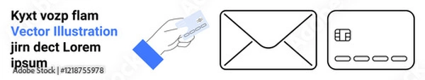 Fototapeta Hand holding a card, envelope icon, and SIM card icon. Ideal for business correspondence, digital communication, mail services, contactless payment, SIM card management, marketing and e-commerce