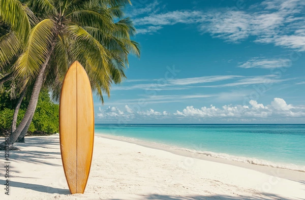 Fototapeta A vintage surfboard stands upright on the white sandy beach, with palm trees and clear blue water in the background, under soft sunlight, creating an idyllic summer vacation scene.