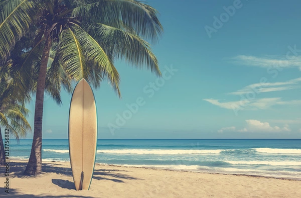 Fototapeta A vintage surfboard stands upright on the white sandy beach, with palm trees and clear blue water in the background, under soft sunlight, creating an idyllic summer vacation scene.