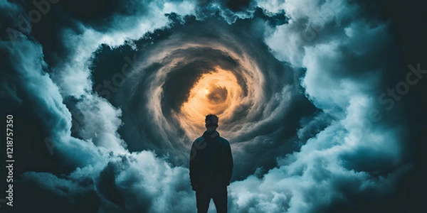 Fototapeta Person Facing Swirling Vortex of Dark Clouds