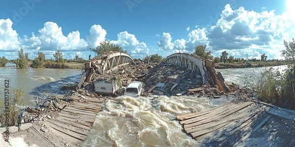 Fototapeta Portrait of a flood, earthquake, tsunami, fire disaster that occurred in a city.