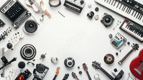 Fototapeta A vibrant collection of musical instruments and equipment arranged artistically on a white background