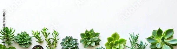 Obraz Edge of succulents on a white background, top view banner with copy space area. Modern home garden design concept. Green plants for interior decoration