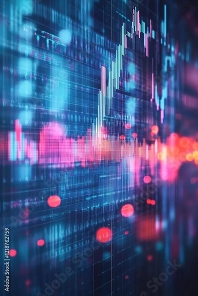 Fototapeta Digital background featuring a stock market graph, glowing lights, and bokeh effects.
