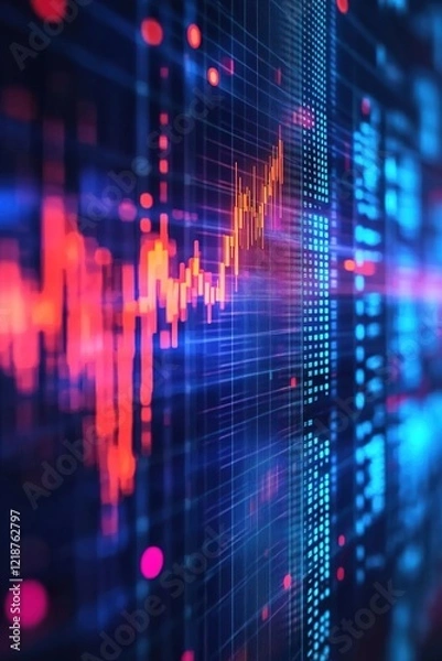 Fototapeta Digital background featuring a stock market graph, glowing lights, and bokeh effects.