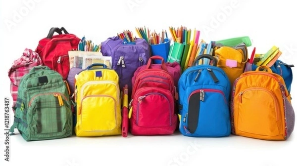 Fototapeta A vibrant collection of school backpacks in various colors, filled with supplies, showcasing organization
