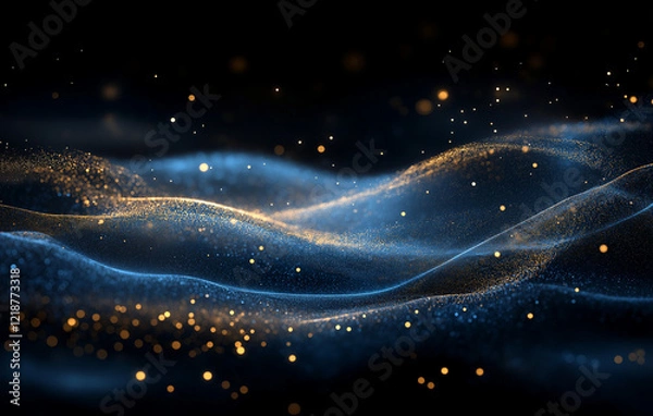Fototapeta Dark background, bokeh lights on the ground, a dark blue and gold color theme, blurry, particles flying in the air.