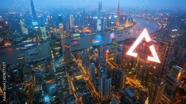 Fototapeta Nighttime Aerial View of Shanghai Cityscape with Triangle