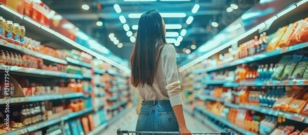Fototapeta A young woman with a shopping cart strolls through a brightly lit supermarket aisle, surrounded by stocked shelves of various products. Perfect for themes of shopping, consumerism, and daily life.