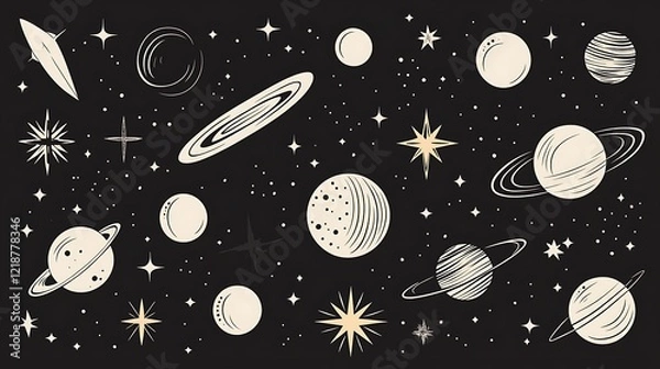 Fototapeta Celestial Design with Minimal Stars and Moon Elements, Featuring Various Planets and Cosmic Bodies on a Dark Background for Artistic Themes