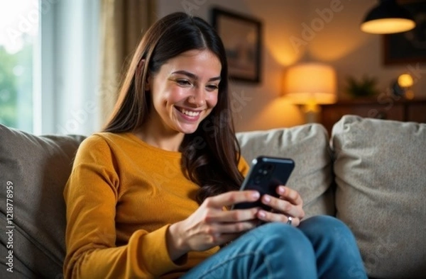 Fototapeta Happy relaxed young woman sitting on couch using cell phone, smiling lady laughing holding smartphone, looking at cellphone enjoying doing online ecommerce shopping in mobile apps or watching videos.