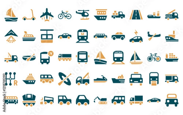 Obraz 50 linear transportation icon pack. vector thin line pt boat, kick scooter, jetliner, bike, helicopter, houseboat, pickup icons suitable for apps and websites ui designs.