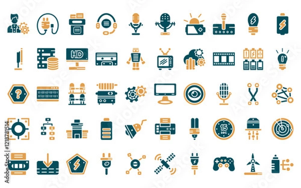 Fototapeta 50 linear technology icon pack. vector thin line big tv, plug with circular cable, file storage, telemarketing, microphone voice, big old microphone, solar battery icons suitable for apps and