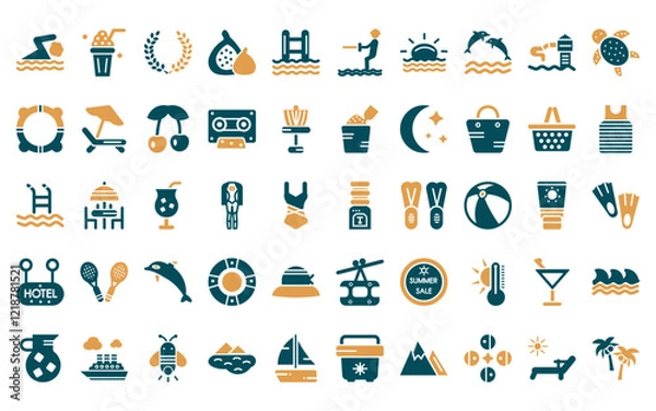 Obraz 50 linear summer icon pack. vector thin line dispenser, milkshake, wreath, fig, swimming pool ladder, waterski, sun at sea icons suitable for apps and websites ui designs.