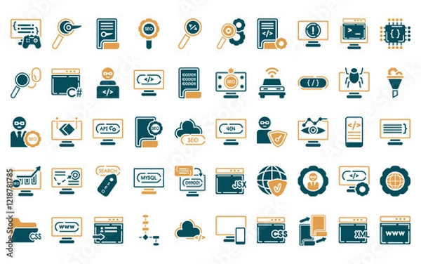 Obraz 50 linear programming icon pack. vector thin line 404 error, seo keywords, encripted file, seo tools, code review, optimization, article icons suitable for apps and websites ui designs.