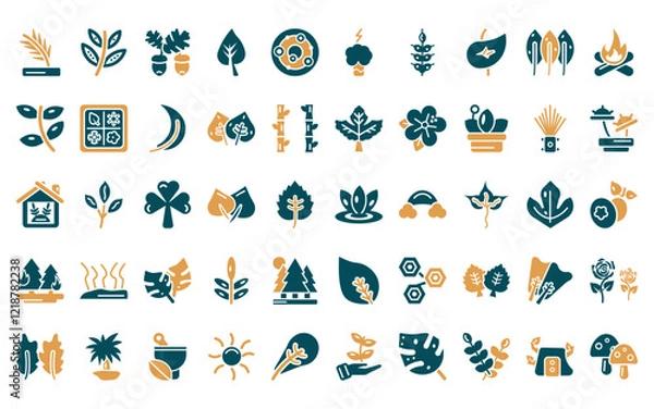 Obraz 50 linear nature icon pack. vector thin line asian, black willow, nut leaf, tree leave, solar, damaged, grains icons suitable for apps and websites ui designs.