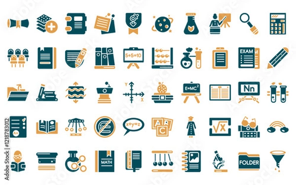 Fototapeta 50 linear education icon pack. vector thin line lunchbox, arrange, agenda with bookmarks, sticky note, fraternity, planet saturn, experiment flask with leaves icons suitable for apps and websites ui