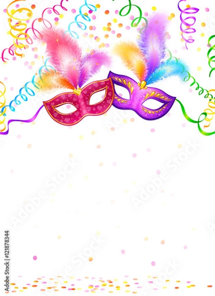 Fototapeta Bright carnival masks with confetti and serpentine on white background, vector party poster template