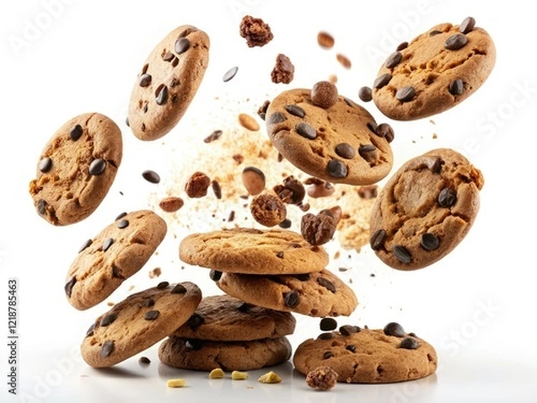 Fototapeta A panoramic view of delicious chocolate cookies tumbling against a pristine white background.