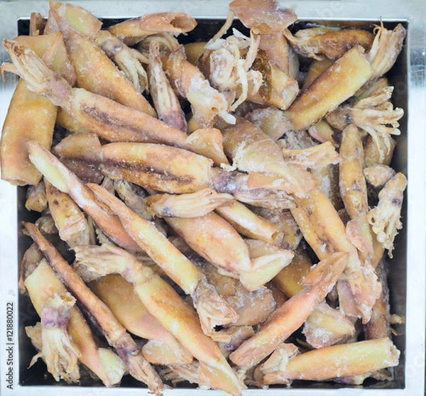 Fototapeta Frozen squids on a fish market, view from top