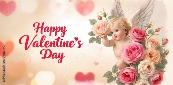Fototapeta Floral elements on a colorful postcard with a caption "Happy Valentine's Day".