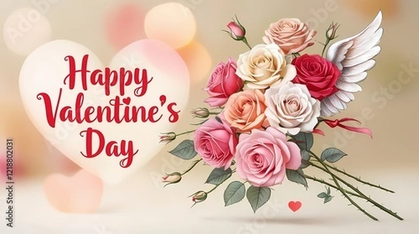 Fototapeta Floral elements on a colorful postcard with a caption "Happy Valentine's Day".