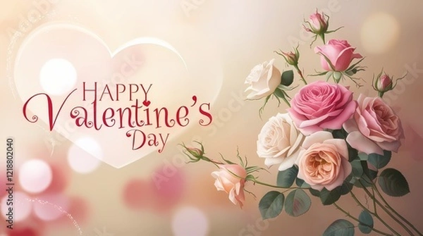 Fototapeta Floral elements on a colorful postcard with a caption "Happy Valentine's Day".