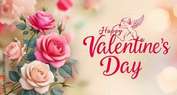 Fototapeta Floral elements on a colorful postcard with a caption "Happy Valentine's Day".
