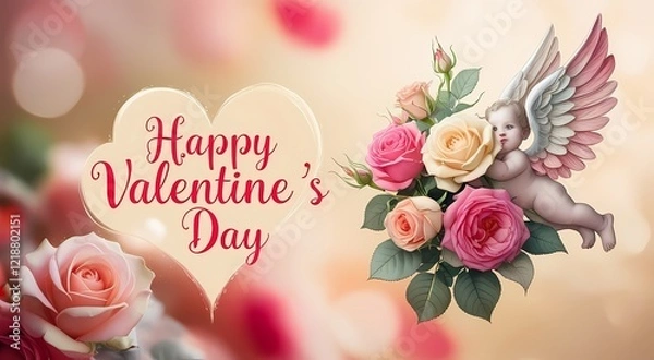 Fototapeta Floral elements on a colorful postcard with a caption "Happy Valentine's Day".