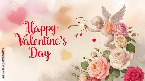 Fototapeta Floral elements on a colorful postcard with a caption "Happy Valentine's Day".