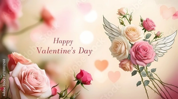 Fototapeta Floral elements on a colorful postcard with a caption "Happy Valentine's Day".