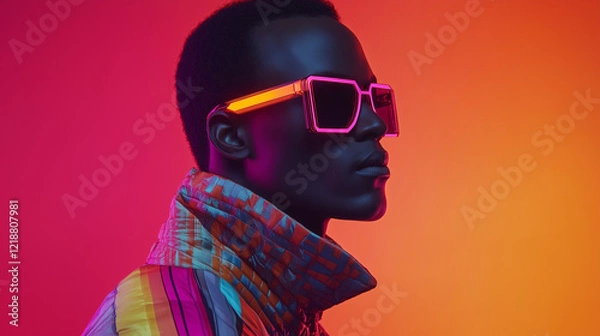 Fototapeta A man in a layered outfit with asymmetrical cuts and neon accents, his face framed by oversized geometric glasses