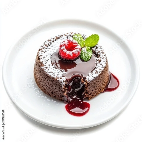 Fototapeta A decadent chocolate lava cake with raspberry coulis, isolated white background, surreal art style