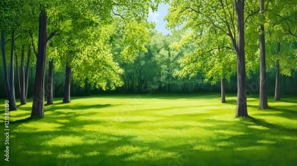 Obraz Lush Green Meadow Surrounded by Tall Trees Under Blue Sky