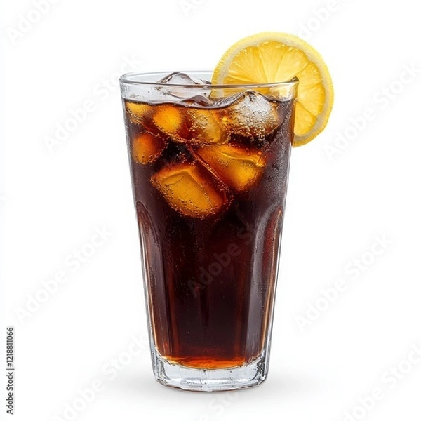 Fototapeta Glass of Cola with Ice Cubes and Lemon Slice Isolated on White Background, Refreshing Beverage, Summer Drink, and Beverage Concept.
