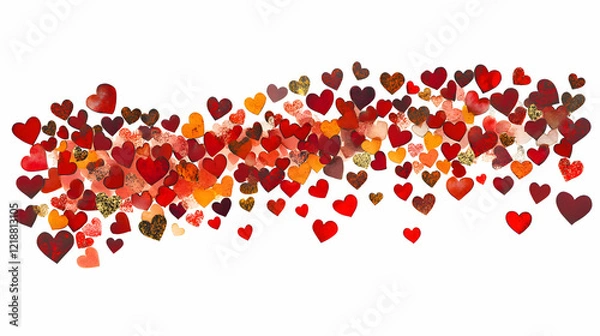 Fototapeta A cascading arrangement of hearts and rose petals against a white background