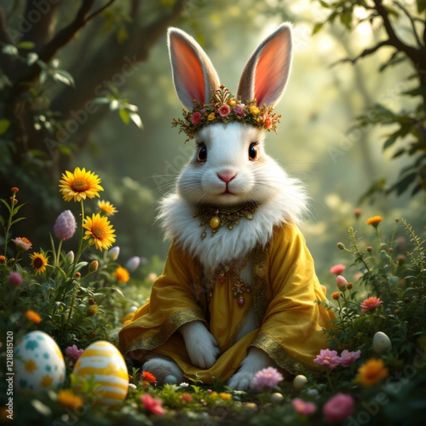 Fototapeta Enchanting Forest Scene Featuring a Whimsical Rabbit Dressed in a Regal Outfit Surrounded by Vibrant Blossoms and Easter Eggs