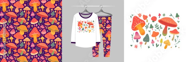 Obraz Seamless pattern and illustration vector set with hand-drawn colorful mushroom and amanita, doodle style. Funny creative design hand painted textile fabric texture, tee prints background, wrapping