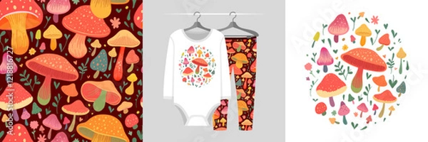 Obraz Seamless pattern and illustration vector set with hand-drawn colorful mushroom and amanita, doodle style. Funny creative design hand painted textile fabric texture, tee prints background, wrapping