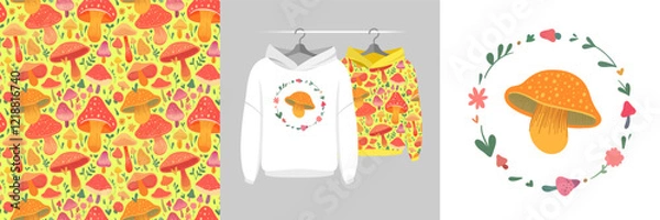Obraz Seamless pattern and illustration vector set with hand-drawn colorful mushroom and amanita, doodle style. Funny creative design hand painted textile fabric texture, tee prints background, wrapping