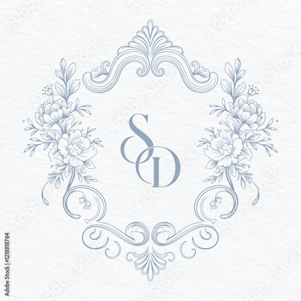 Fototapeta Wedding monogram with SD initials Design. Floral monogram crest design. Vintage elegant wedding crest design.
