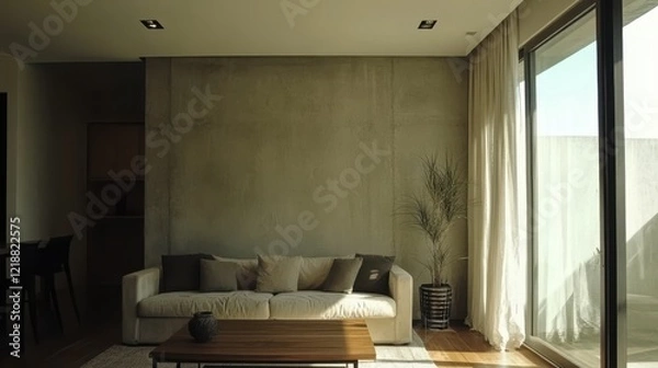 Obraz A Minimalist Living Room With A Concrete Wall, A Light Beige Couch, And Large Windows Letting In Sunlight. The Overall Feel Is Calm And Serene.