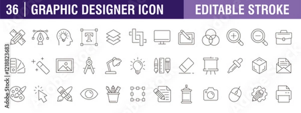 Fototapeta Collection of graphic designer icons. Creative, tools, inspiration, design, sketch. Vector design template, signs, symbols, editable stroke.