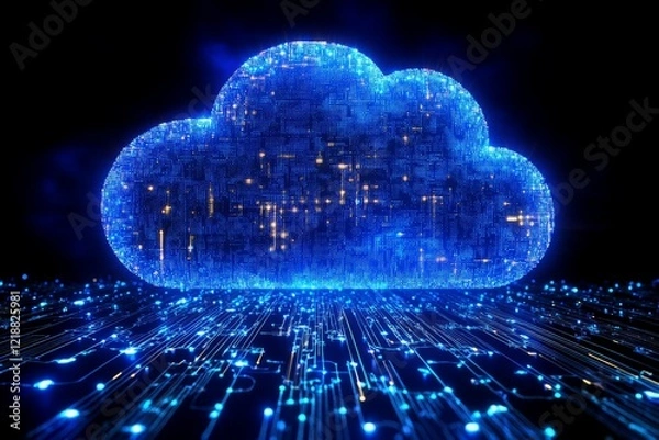 Fototapeta Digital cloud representing data storage technology illuminated by glowing connections in a dark environment