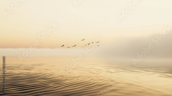 Fototapeta A tranquil ocean view at dawn, soft ripples in the water reflecting the first light of day, with mist rising from the surface and a few birds flying overhead.