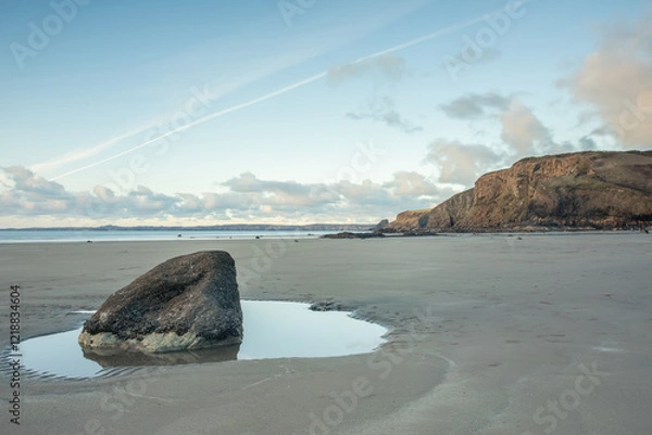 Obraz Druidston Haven Beach on the Pembrokeshire coast in Wales, with reflections